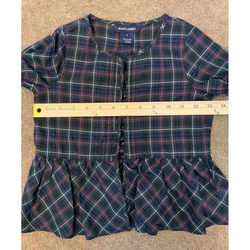 Ralph Lauren Kids Plaid Top Girls 5 Short Sleeve Ruffle Blouse Button Shirt
